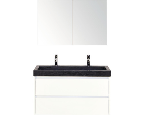 Doppelbadmöbel Sanox Dante BxHxT 101 x 170 x 45,5 cm Frontfarbe weiß hochglanz mit Waschtisch Naturstein schwarz 81707201