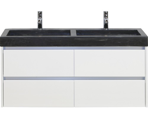 Badmöbel-Set Sanox Dante BxHxT 121 x 58 x 45,5 cm Frontfarbe weiß hochglanz mit Waschtisch Naturstein schwarz