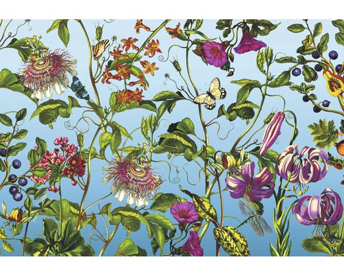 Papier peint panoramique intissé XXL4-029 Jardin 4 pces 368 x 248 cm Papier peint floral avec fleurs, feuilles, papillons et libellules