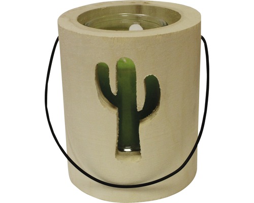 Photophore en bois avec motif cactus et poignée de transport
