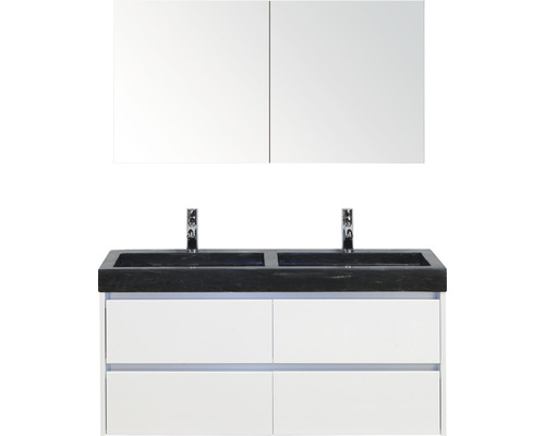 Badmöbel-Set Sanox Dante BxHxT 121 x 170 x 45,5 cm Frontfarbe weiß hochglanz mit Waschtisch Naturstein schwarz