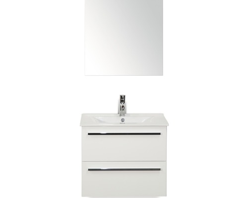 Badmöbel-Set Sanox Seville BxHxT 61 x 170 x 46 cm Frontfarbe weiß hochglanz mit Waschtisch Keramik weiß und Waschtischunterschrank Waschtisch Spiegel