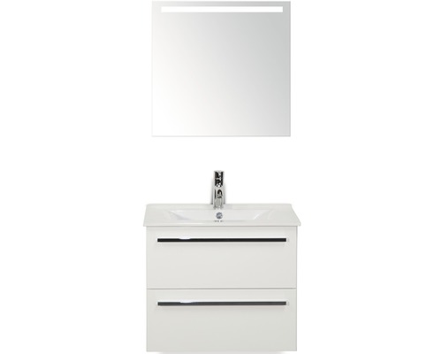 Badmöbel-Set Sanox Seville BxHxT 61 x 170 x 46 cm Frontfarbe weiß hochglanz mit Waschtisch Keramik weiß und Waschtischunterschrank Waschtisch Spiegel mit LED-Beleuchtung
