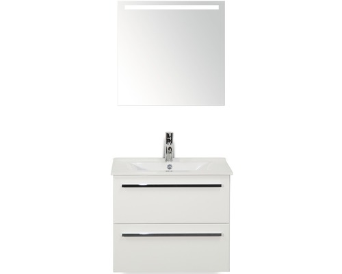 Set de meubles de salle de bains Sanox Seville lxhxp 61 x 170 x 46 cm couleur de façade blanc haute brillance avec vasque en céramique blanc et meuble sous vasque vasque miroir avec éclairage LED