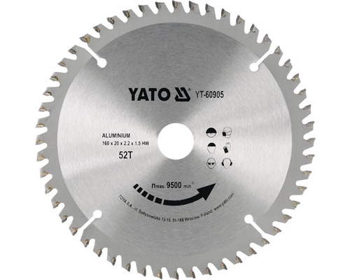 Lame de scie circulaire Yato aluminium 160x20x2,2x1,5 mm 52 dents