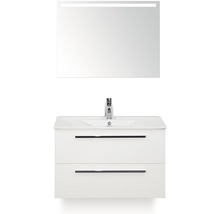 Badmöbel-Set Sanox Seville BxHxT 81 x 170 x 46 cm Frontfarbe weiß hochglanz mit Waschtisch Keramik weiß und Waschtischunterschrank Waschtisch Spiegel mit LED-Beleuchtung