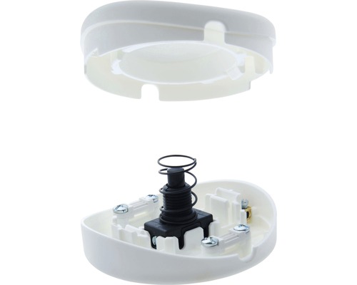 Vue intérieure d''une sonnette blanche avec bouton d''actionnement et ressort