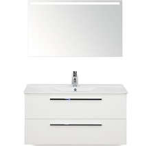 Badmöbel-Set Sanox Seville BxHxT 101 x 170 x 46 cm Frontfarbe weiß hochglanz mit Waschtisch Keramik weiß und Waschtischunterschrank Waschtisch Spiegel mit LED-Beleuchtung