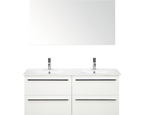 Set de meubles de salle de bains Sanox Seville lxhxp 121 x 170 x 46 cm couleur de façade blanc haute brillance avec vasque en céramique blanc et meuble sous vasque double vasque miroir