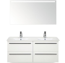Badmöbel-Set Sanox Seville BxHxT 121 x 170 x 46 cm Frontfarbe weiß hochglanz mit Waschtisch Keramik weiß und Waschtischunterschrank Doppelwaschtisch Spiegel mit LED-Beleuchtung