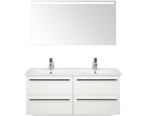 Badmöbel-Set Sanox Seville BxHxT 121 x 170 x 46 cm Frontfarbe weiß hochglanz mit Waschtisch Keramik weiß und Waschtischunterschrank Doppelwaschtisch Spiegel mit LED-Beleuchtung
