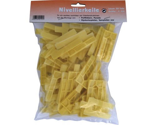 Cale d'égalisation jaune 4 mm sachet de 50 unités Cales de nivellement dans un sac transparent, contenu 50 pièces, taille quatre millimètres