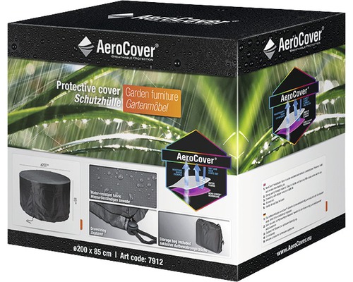 Verpackung einer AeroCover Schutzhülle für Gartenmöbel mit den Maßen 200 x 85 cm.