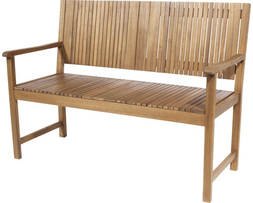 Bank Gardamo Falun 2er Gestell und Fläche Akazienholz FSC®-100% natur Holzbank für den Außenbereich mit Armlehnen und Lattenmuster.
