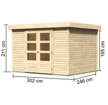 Abri de jardin en bois avec double porte et indications de dimensions