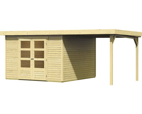 Holzgartenhaus mit Doppeltür und Anbau