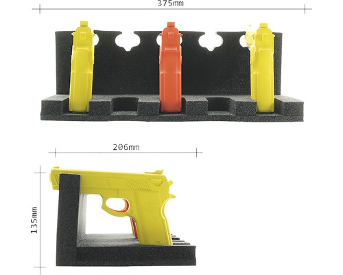 Pistolenständer aus Schaumstoff mit Massangaben