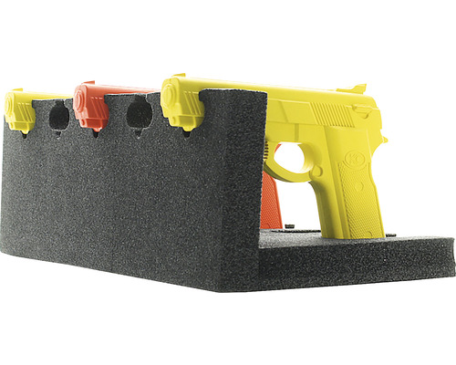 Mehrfarbige Übungswaffen aus Kunststoff in einer Schaumstoffhalterung