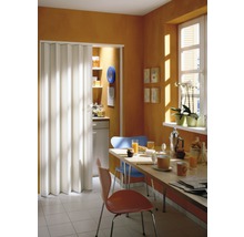 Küchenszene mit Falttür, Tisch und Stühlen in einem Raum mit Fenster