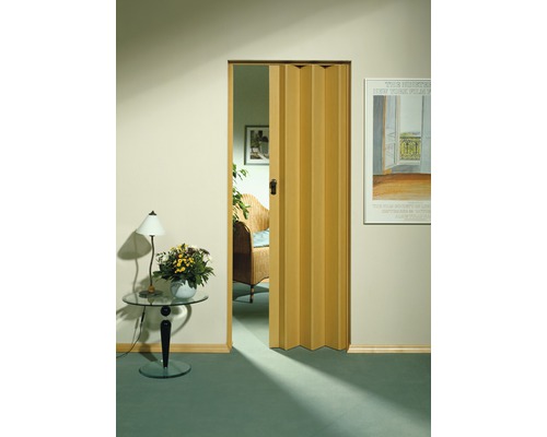 Vue d''une pièce avec porte pliante, table et décoration