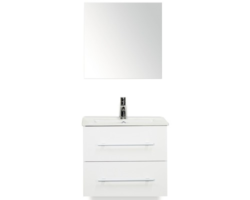 Badmöbel-Set Sanox Stretto BxHxT 61 x 170 x 39 cm Frontfarbe weiß hochglanz mit Waschtisch Keramik weiß und Waschtischunterschrank Waschtisch Spiegel