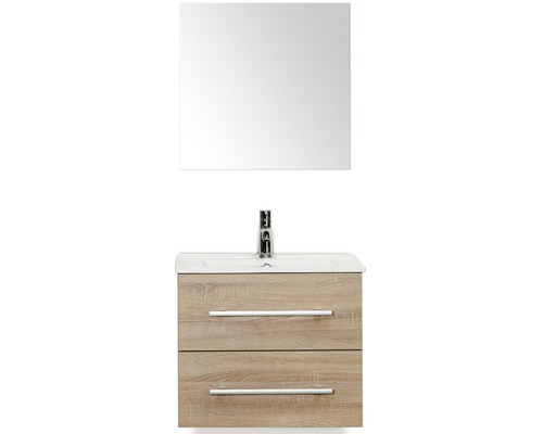 Badmöbel-Set Sanox Stretto BxHxT 61 x 170 x 39 cm Frontfarbe eiche grau mit Waschtisch Keramik weiß und Waschtischunterschrank Waschtisch Spiegel