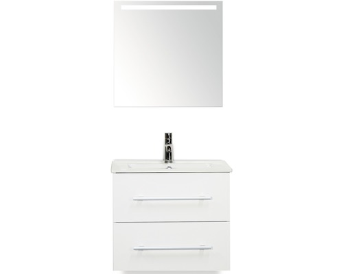 Badmöbel-Set Sanox Stretto BxHxT 61 x 170 x 39 cm Frontfarbe weiß hochglanz mit Waschtisch Keramik weiß und Waschtischunterschrank Waschtisch Spiegel mit LED-Beleuchtung