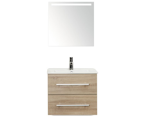 Badmöbel-Set Sanox Stretto BxHxT 61 x 170 x 39 cm Frontfarbe eiche grau mit Waschtisch Keramik weiß und Waschtischunterschrank Waschtisch Spiegel mit LED-Beleuchtung