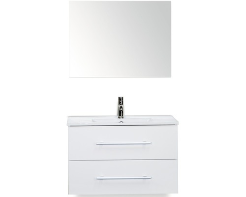 Badmöbel-Set Sanox Stretto BxHxT 81 x 170 x 39 cm Frontfarbe weiß hochglanz mit Waschtisch Keramik weiß und Waschtischunterschrank Waschtisch Spiegel