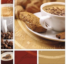 Collage avec motifs de café, dont une tasse de café, des grains de café et des pâtisseries