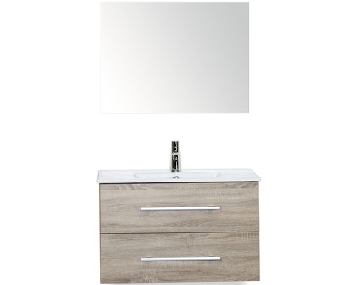 Badmöbel-Set Sanox Stretto BxHxT 81 x 170 x 39 cm Frontfarbe eiche grau mit Waschtisch Keramik weiß und Waschtischunterschrank Waschtisch Spiegel Waschtischkombination mit Spiegel und Unterschrank