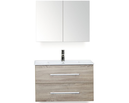 Badmöbel-Set Sanox Stretto BxHxT 81 x 170 x 39 cm Frontfarbe eiche grau mit Waschtisch Keramik weiß Badmöbel-Set Sanox Stretto BxHxT 81 x 170 x 39 cm Frontfarbe eiche grau mit Waschtisch Keramik weiß