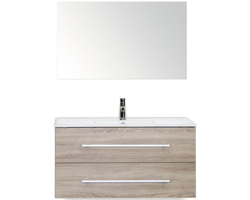 Set de meubles de salle de bains Sanox Stretto lxhxp 101 x 170 x 39 cm couleur de façade chêne gris avec vasque en céramique blanc et meuble sous vasque vasque miroir-0