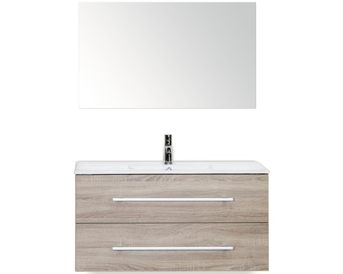Badmöbel-Set Sanox Stretto BxHxT 101 x 170 x 39 cm Frontfarbe eiche grau mit Waschtisch Keramik weiß und Waschtischunterschrank Waschtisch Spiegel Waschtischkombination mit Spiegel, Waschbecken und zwei Schubladen