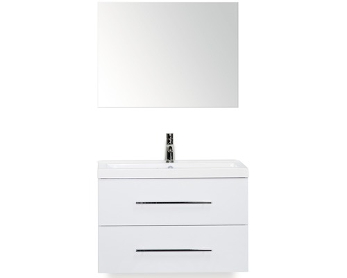 Badmöbel-Set Sanox Straight BxHxT 80 x 170 x 40 cm Frontfarbe weiß hochglanz mit Waschtisch Mineralguss weiß und Waschtischunterschrank Waschtisch Spiegel Waschtischkombination mit Spiegel, Armatur und zwei Schubladen
