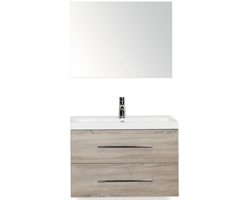 Badmöbel-Set Sanox Straight BxHxT 80 x 170 x 40 cm Frontfarbe eiche grau mit Waschtisch Mineralguss weiß und Waschtischunterschrank Waschtisch Spiegel Waschtischkombination mit Spiegel, Waschbecken und zwei Schubladen