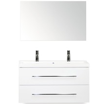 Badmöbel-Set Sanox Straight BxHxT 100 x 170 x 40 cm Frontfarbe weiß hochglanz mit Waschtisch Mineralguss weiß und Waschtischunterschrank Mineralguss-Doppelwaschtisch Spiegel
