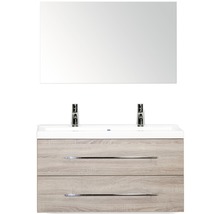 Badmöbel-Set Sanox Straight BxHxT 100 x 170 x 40 cm Frontfarbe eiche grau mit Waschtisch Mineralguss weiß und Waschtischunterschrank Spiegel Mineralguss-Doppelwaschtisch