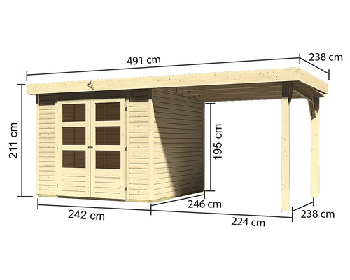 Abbildung eines Holzgartenhauses mit Carport und Maßangaben
