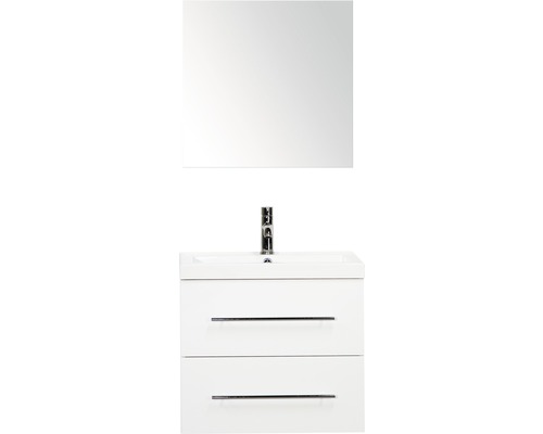 Badmöbel-Set Sanox Straight BxHxT 60 x 170 x 40 cm Frontfarbe weiß hochglanz mit Waschtisch Mineralguss weiß und Waschtischunterschrank Waschtisch Spiegel