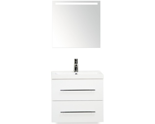 Badmöbel-Set Sanox Straight BxHxT 60 x 170 x 40 cm Frontfarbe weiß hochglanz mit Waschtisch Mineralguss weiß und Waschtischunterschrank Waschtisch Spiegel mit LED-Beleuchtung