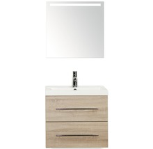 Badmöbel-Set Sanox Straight BxHxT 60 x 170 x 40 cm Frontfarbe eiche grau mit Waschtisch Mineralguss weiß und Waschtischunterschrank Waschtisch Spiegel mit LED-Beleuchtung