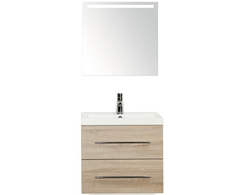 Badmöbel-Set Sanox Straight BxHxT 60 x 170 x 40 cm Frontfarbe eiche grau mit Waschtisch Mineralguss weiß und Waschtischunterschrank Waschtisch Spiegel mit LED-Beleuchtung