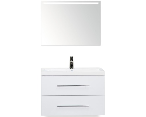 Badmöbel-Set Sanox Straight BxHxT 80 x 170 x 40 cm Frontfarbe weiß hochglanz mit Waschtisch Mineralguss weiß und Waschtischunterschrank Waschtisch Spiegel mit LED-Beleuchtung Waschtisch mit zwei Schubladen, Waschbecken und Spiegel mit Beleuchtung
