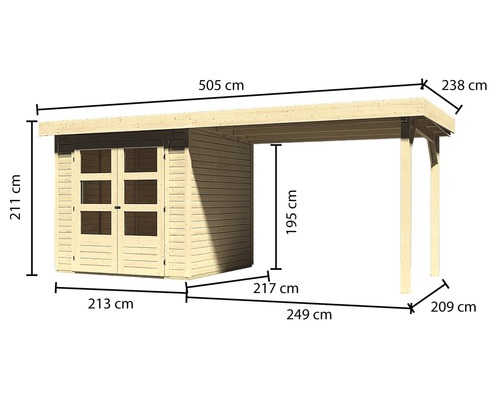 Abbildung eines Holzgartenhauses mit den Maßen