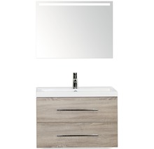 Badmöbel-Set Sanox Straight BxHxT 80 x 170 x 40 cm Frontfarbe eiche grau mit Waschtisch Mineralguss weiß und Waschtischunterschrank Waschtisch Spiegel mit LED-Beleuchtung