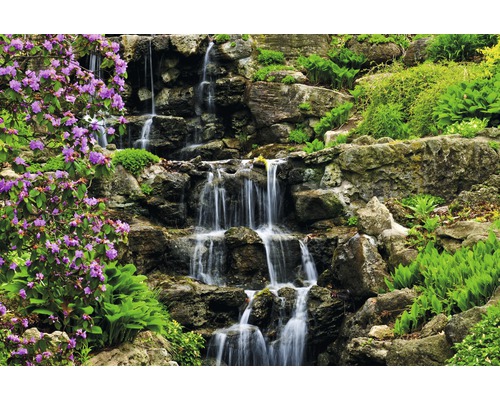 Papier peint panoramique intissé 18312 Cascading Waterfall 7 pces 350 x 260 cm Cascade étagée dans un jardin de rocaille avec des plantes