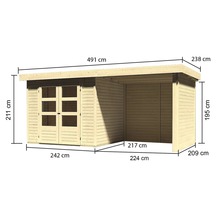 Gartenhaus Karibu Kodiak 3 mit Schleppdach 2,25 m, Rück- und Seitenwand 508 x 238 cm natur