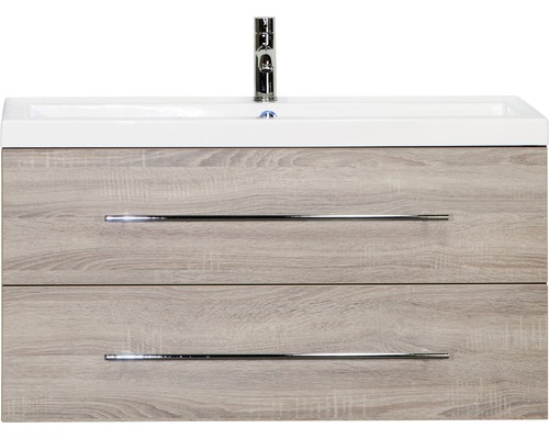 Einzelbadmöbel Sanox Straight BxHxT 100 x 55 x 40 cm Frontfarbe eiche grau mit Waschtisch Mineralguss weiß Griff chrom glanz 84715416 Waschtischunterschrank mit zwei Schubladen und Aufsatzwaschbecken