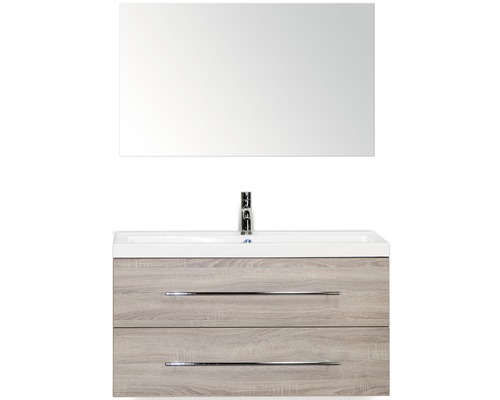 Badmöbel-Set Sanox Straight BxHxT 100 x 170 x 40 cm Frontfarbe eiche grau mit Waschtisch Mineralguss weiß und Waschtischunterschrank Waschtisch Spiegel Waschtischkombination mit Spiegel, Unterschrank mit zwei Schubladen und Aufsatzwaschbecken